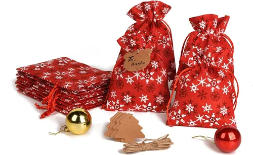Vista 7 de XCFWin Paquete de 12 bolsas de regalo de Navidad con cordón, diseños reutilizables para suministros de fiesta de Navidad