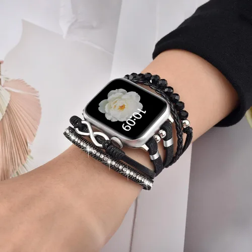 Vista 4 de Pulsera con cuentas boho para Apple Watch Band de 46 mm, 40 mm, 38 mm, 41 mm, 44 mm, 42 mm, 45 mm, 49 mm para mujer, accesorios de cuero envolvente