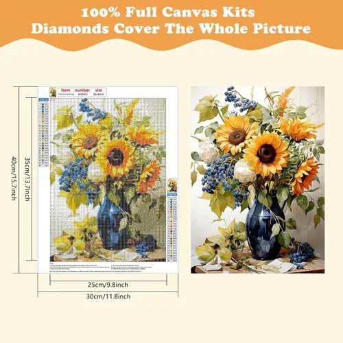 Vista 2 de SENQAO Kits de arte de diamantes de girasoles para adultos, pinturas de puntos de diamante de perforación completa para principiantes, pintura