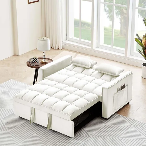 Vista 3 de Sofá cama convertible 3 en 1, sofá biplaza moderno de terciopelo con almohadas y bolsillos laterales, sofá extraíble de 2 plazas para espacios Crema