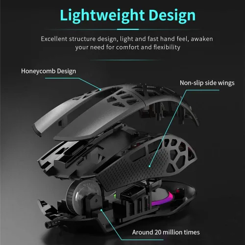 Vista 5 de NACODEX AJ339 65G Watcher Mouse para juegos con carcasa ligera de panal de abeja, luz LED RGB Chroma, 7 botones programables, sensor óptico Pixart