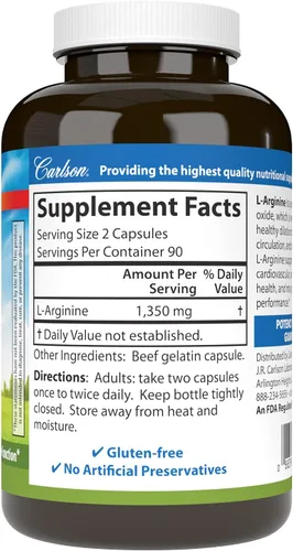 Vista 2 de Carlson L-Arginina, 1350 mg, Salud Circulatoria, 180 Cápsulas Apoya el rendimiento atlético