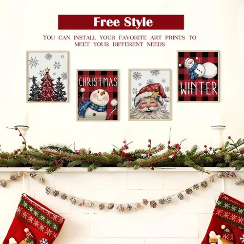 Vista 5 de XYDEG Conjunto de 4 Impresiones de Arte Navideño para Pared, Impresiones Navideñas, Hola Invierno Vintage Santa Navidad Muñeco de Nieve Búfalo
