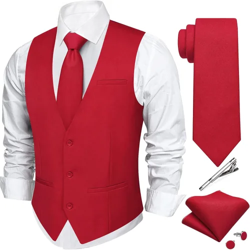 Vista 14 de DiBanGu Mens Vest Tie Set 5PCS Formal Dress Waistcoat Light Grey