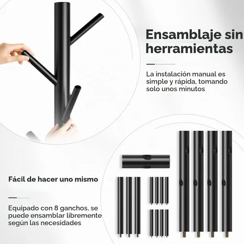 Vista 6 de Perchero de madera independiente con 8 ganchos, fácil montaje, perchero de pino de Nueva Zelanda, 3 tamaños ajustables para ropa, sombreros, bolsas