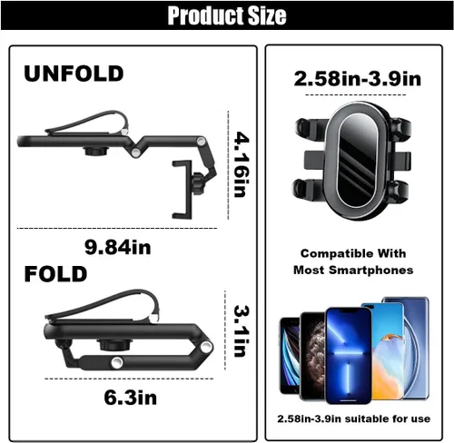 Vista 2 de Soporte para teléfono para visera solar, multifuncional, ajustable, espejo retrovisor, soporte para teléfono celular para coche, hogar, cocina, Negro