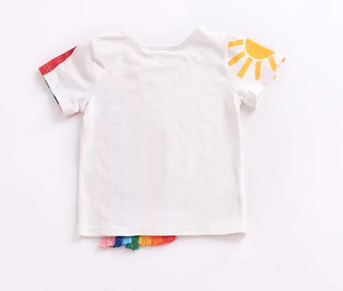 Vista 4 de Camiseta de manga corta con borlas, diseño de arco iris, a rayas, para el verano, para niños y niñas