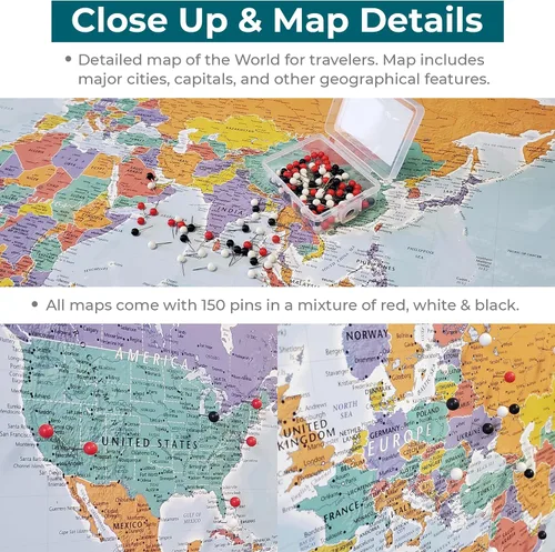 Vista 4 de Póster personalizado en lienzo enrollado con mapa del mundo, arte de pared con chinchetas – Grande 24" x 36" mapa del mundo de océanos azules