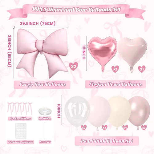 Vista 2 de 16 globos de corazón rosa, globos de lazo de 38 pulgadas, globo transparente rosa perla de doble relleno y arco en forma de corazón globo