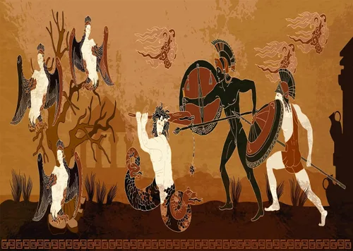 Vista 9 de Telón de fondo de tela de 5 x 3 pies, fondo de guerrero de la antigua Grecia antigua, mitología griega, figura negra, figuras de guerreros