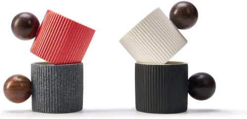 Vista 17 de Mini tazas de cerámica para café expreso, tazas Demitasse con mango redondo de madera a rayas verticales tazas de té (beige y azul, 2 unidades)