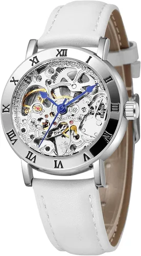 Vista 8 de MASTOP Relojes para mujer, reloj automático Steampunk de cuerda automática, pulsera de plata, reloj de pulsera de esqueleto para mujer