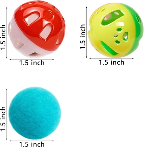 Vista 2 de 6 pelotas de juguete para gatos de interior con 4 bolas de campana y 2 bolas de felpa Juego interactivo, sin BPA, diseño colorido, 1.5 pulgadas