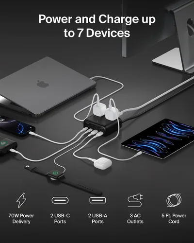 Vista 2 de Belkin GaN Estación de carga de 70 W, cargador USB C dual 7 en 1 con 3 salidas de CA, 2 puertos USB A, regleta de alimentación para iPhone, Apple