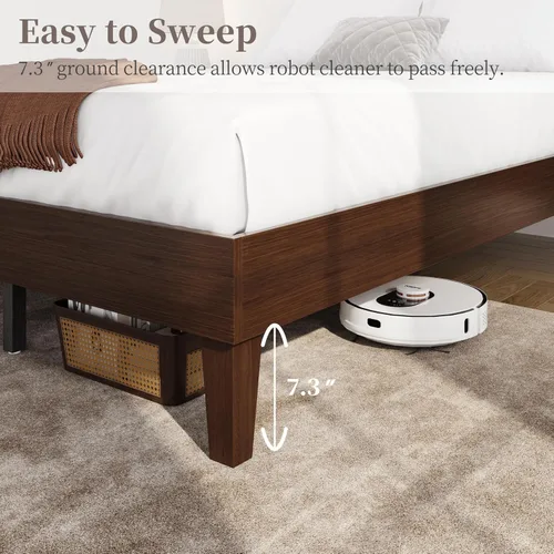 Vista 6 de Yaheetech Base de cama Queen con plataforma de madera maciza natural con soporte de listones de madera, espacio debajo de la cama de 7.3 pulgadas
