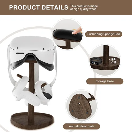 Vista 3 de HiBloks VR Stand Accessories, Wooden Headset Display Holder & Touch Controller Mount Station for MetaOculus Quest 3, Quest 2, PSVR 2, Valve Index