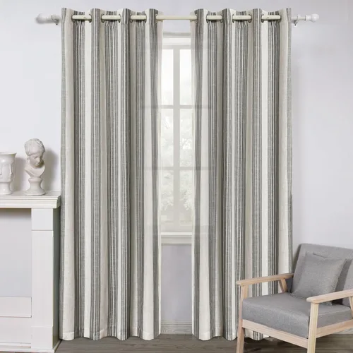 Vista 25 de DriftAway Cortinas de estilo granja con rayas verticales de lino mezclado texturizado con filtro de luz semitransparente para sala de estar