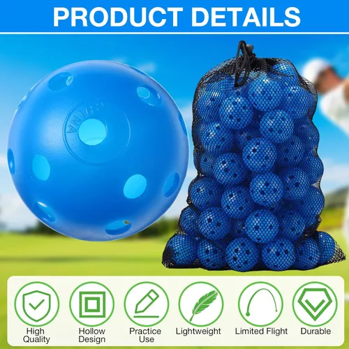 Vista 3 de MiniInflat Paquete de 80 pelotas de práctica de golf con vuelo limitado de 42 mm, pelota de entrenamiento de golf de plástico hueca con flujo de Azul