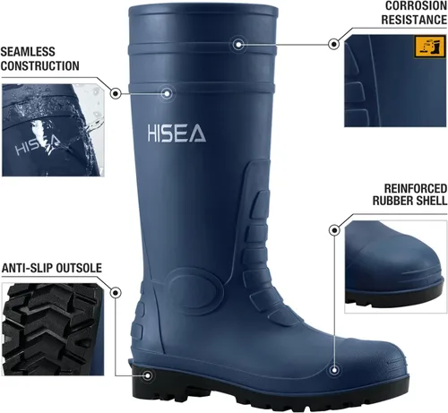 Vista 2 de HISEA Botas de lluvia para hombre con vástago de acero, botas de goma impermeables, botas de lluvia de PVC sin costuras, calzado de protección