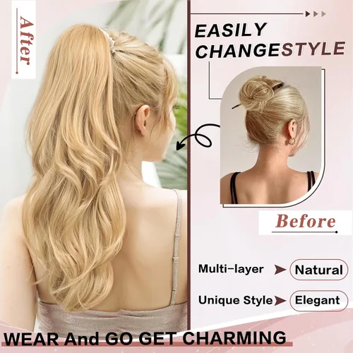Vista 2 de Extensión de cola de caballo rubio, extensión de cola de caballo con cordón de 20 pulgadas para mujeres, extensiones de cabello de cola de caballo
