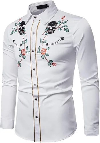 Vista 4 de YZ-Henoeng Camisas para hombre, ajustadas, manga larga, con bordado de calavera de rosa, estilo occidental, ropa de calle