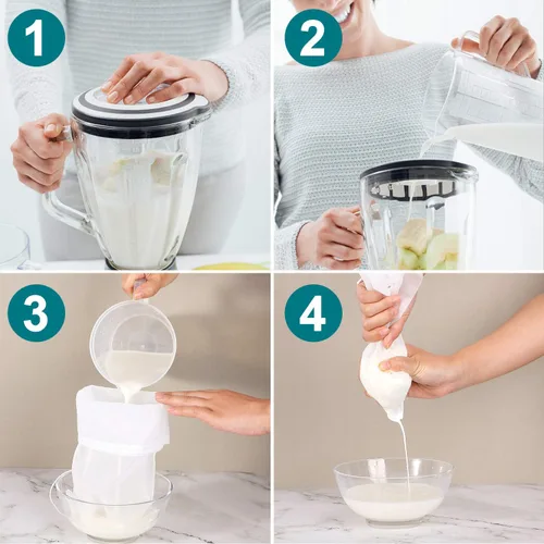 Vista 4 de Boao Paquete de 6 bolsas de leche de nueces, bolsas reutilizables para colar alimentos con cordón de nailon de malla fina, 3 tamaños