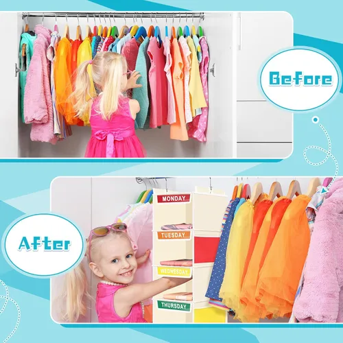 Vista 6 de Amylove Organizador semanal de ropa para niños, 2 piezas, con 7 estantes, organizador colgante de armario de 11.8 x 11.8 x 50 pulgadas, actividades