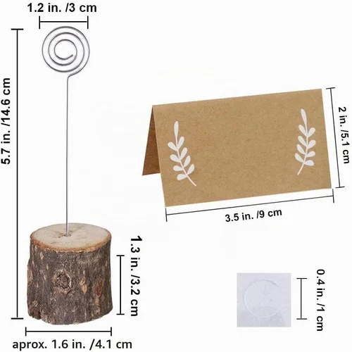 Vista 7 de 30 unidades de soportes de madera rústica para tarjetas de lugar con alambre de remolino, soporte de madera con corteza para notas de memo, soporte