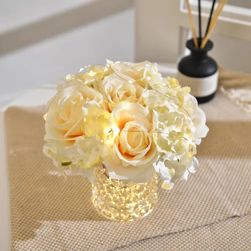 Vista 4 de Arreglo floral de seda de rosas artificiales en jarrón de vidrio con luz LED, elegante centro de mesa para el hogar, boda, baño, mesa, estante