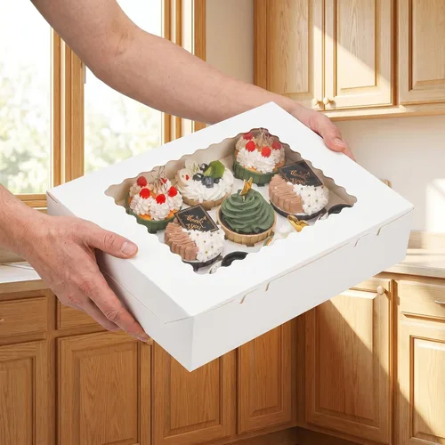 Vista 5 de Paquete de 20 cajas para cupcakes, 12 unidades, recipientes de papel blanco para cupcakes con insertos y ventana, contenedor de panadería, docena