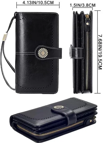 Vista 2 de Large Capacity RFID Blocking Genuine Leather Wallets for Women with Wristlet Trifold Ladies Billfold with Zipper by UMODE