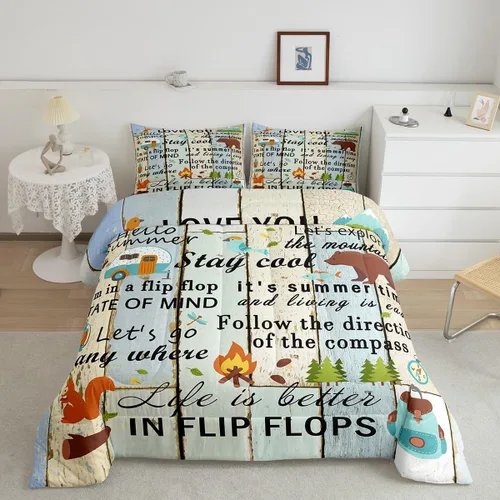 Vista 35 de Juego de ropa de cama con temática de cámper, juego de edredón de cabaña de madera marrón y verde, tamaño matrimonial, 3 piezas, decoración de Multi