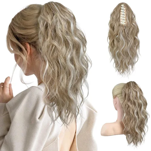 Vista 15 de FLUFYMOOZ Extensión de cola de caballo, extensión de cola de caballo con clip de garra de 18 pulgadas, extensiones de cabello ondulado y rizado