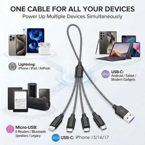 Vista 2 de Doub Tyep-C - Cable de carga múltiple 4 en 1 de 4 pies, cable de carga de nailon trenzado Lightning para iPhone, cable de carga universal con tipo