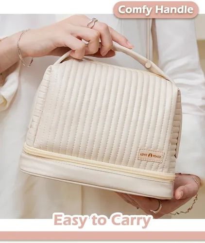 Vista 5 de Bolsa de cosméticos para mujer, bolsa de aseo con un compartimento separado, bolsa de maquillaje de viaje con soporte para cepillos extraíble Rosa