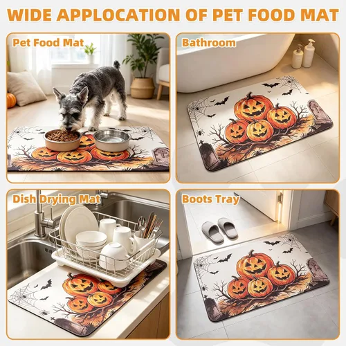 Vista 4 de KOOLTAIL Tapete de comida para perros de Halloween, tapete absorbente para alimentación de mascotas para cuencos de comida y agua, almohadilla