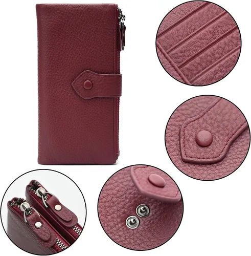 Vista 6 de Billeteras delgadas de cuero suave con bloqueo RFID para mujer, tarjetero de crédito con doble bolsillo con cremallera