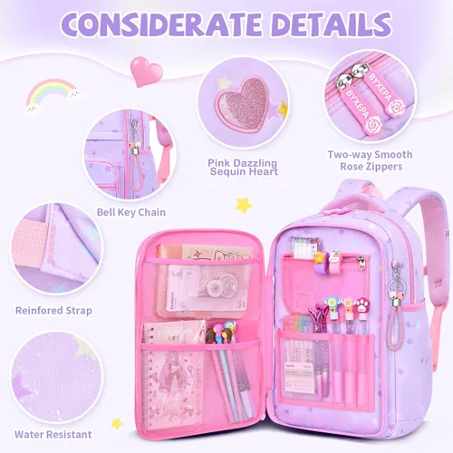 Vista 6 de Mochilas para niñas, escuela, lindas mochilas para niños, con lonchera aislada, juego para la escuela primaria, púrpura (Star Purple), Mochila