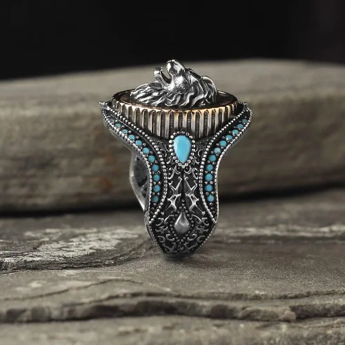 Vista 3 de 925 Sterling Silver Lion Head Men Silver Ring, Turquoise Stone Lion Men's Ring, Handmade Engraved Men's Silver Ring, Turkish Silver Ring