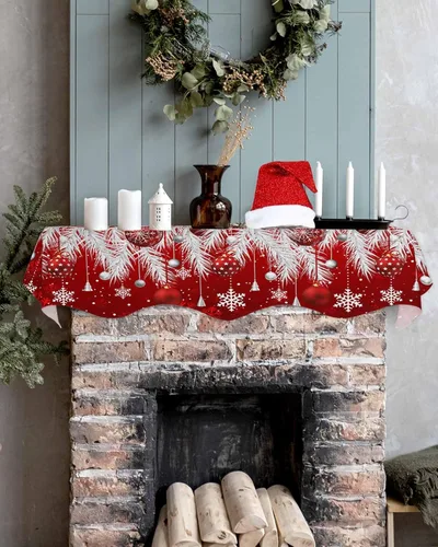 Vista 5 de Bufanda roja de Navidad para chimenea, decoraciones para repisa de chimenea, bolas de Navidad, copo de nieve, hojas de pino plateadas, cubierta
