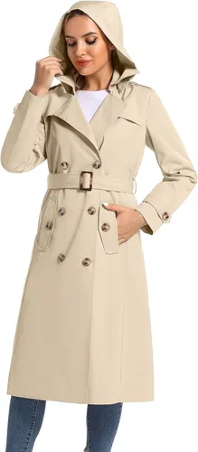 Vista 2 de poonyfesh Gabardina larga impermeable resistente al viento para mujer clásica con solapa de doble botonadura con capucha extraíble