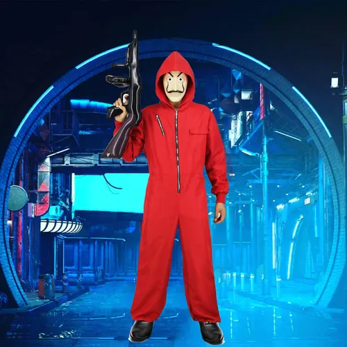 Vista 3 de Enccfoeo Disfraz de Halloween para hombre, overol rojo de dinero para adultos, traje de cosplay de ladrón de gángsteres con accesorios y máscara