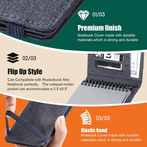 Vista 5 de Funda de cuaderno para Rocketbook Mini y Field Notes Top Spiral (3.5"x5.5") - Funda impermeable duradera con soporte para bolígrafo y ranura
