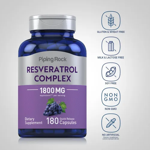 Vista 3 de Piping Rock Resveratrol Complejo 180 Cápsulas Fórmula de extracto de semilla de uva Suplemento sin OMG, sin gluten