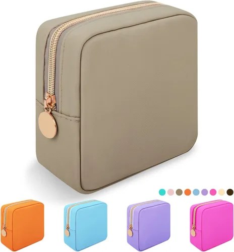 Vista 39 de Iqimott Bolsa Grande de Maquillaje de Nylon, Neceser de Viaje, Bolsa Grande de Cosméticos Preppy, Organizador de Maquillaje de Nylon, Bolsa de Beige