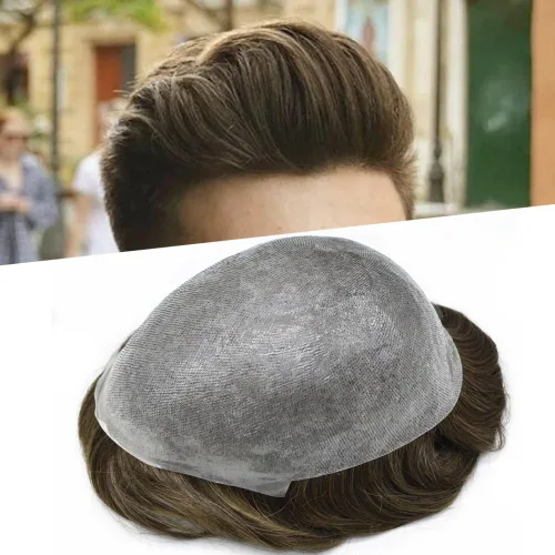 Vista 29 de Tupé de piel ultra fina para hombres pieza de cabello humano real sistema de reemplazo 0.002 in Mens Toupee Hairpiece para hombres V-Loop 8x10 80%
