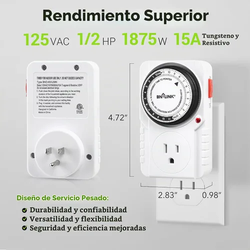 Vista 4 de Temporizador mecánico empotrado, con enchufe de 24 horas Century. 15-min intervals; Indoor Plug-in Timer for Christmas Decoration, Aquarium, Grow
