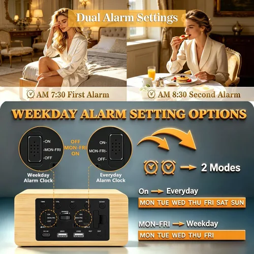 Vista 7 de Reloj despertador digital de madera de bambú premium con cargador de teléfono inalámbrico, puertos de carga USB duales, pantalla LED regulable