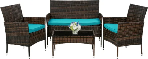 Vista 12 de Juego de 4 muebles modulares para exteriores, juego de muebles de mimbre resistentes al agua con 3 sillas de ratán, 1 cojín de mesa con tapa