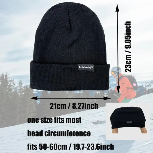 Vista 4 de Gorro de lana merino de punto para hombre y mujer, gorro cálido con puños, para clima frío, esquí, patinaje, negro, talla única